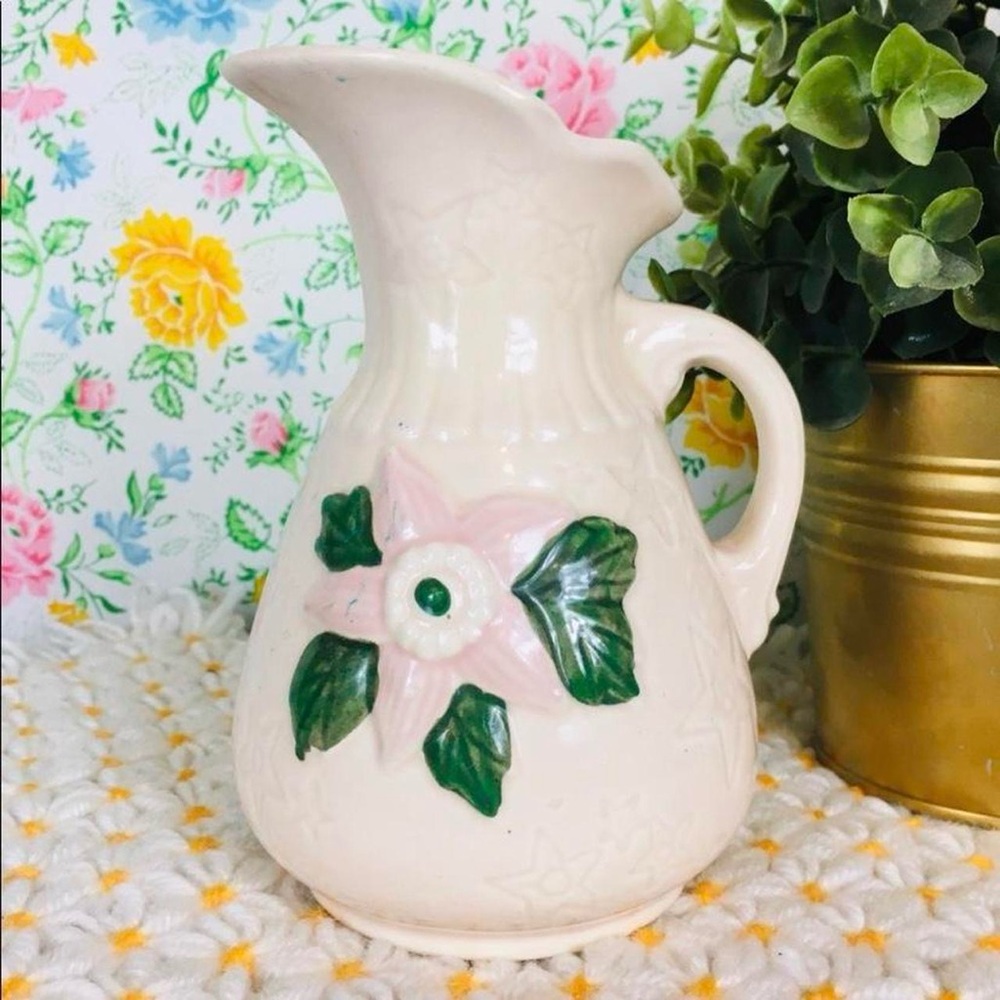 Vintage 40s 50s HULL Pottery Pitcher Star Flower Floral Print Pattern Pink